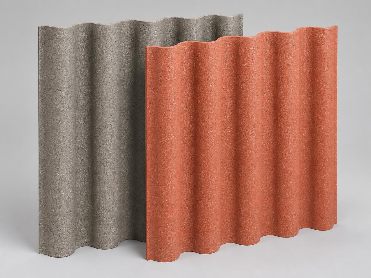 Corrugated PolyAl sheets in Natural Gray and Terracotta Red, studio photograph