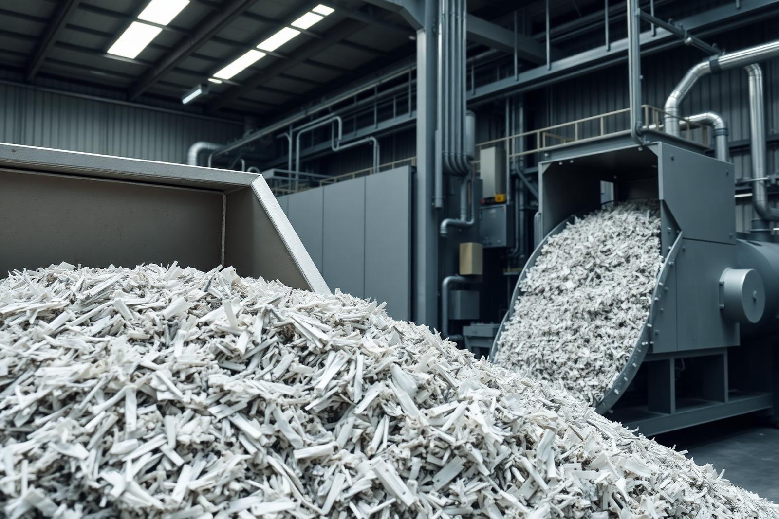 Shredded PolyAl feedstock flake in bulk hoppers at the intake line