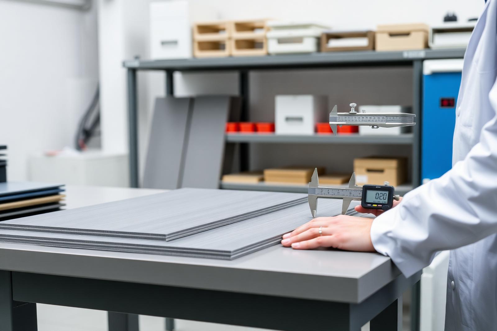 Technician measuring composite panel thickness with digital calipers in the QC lab