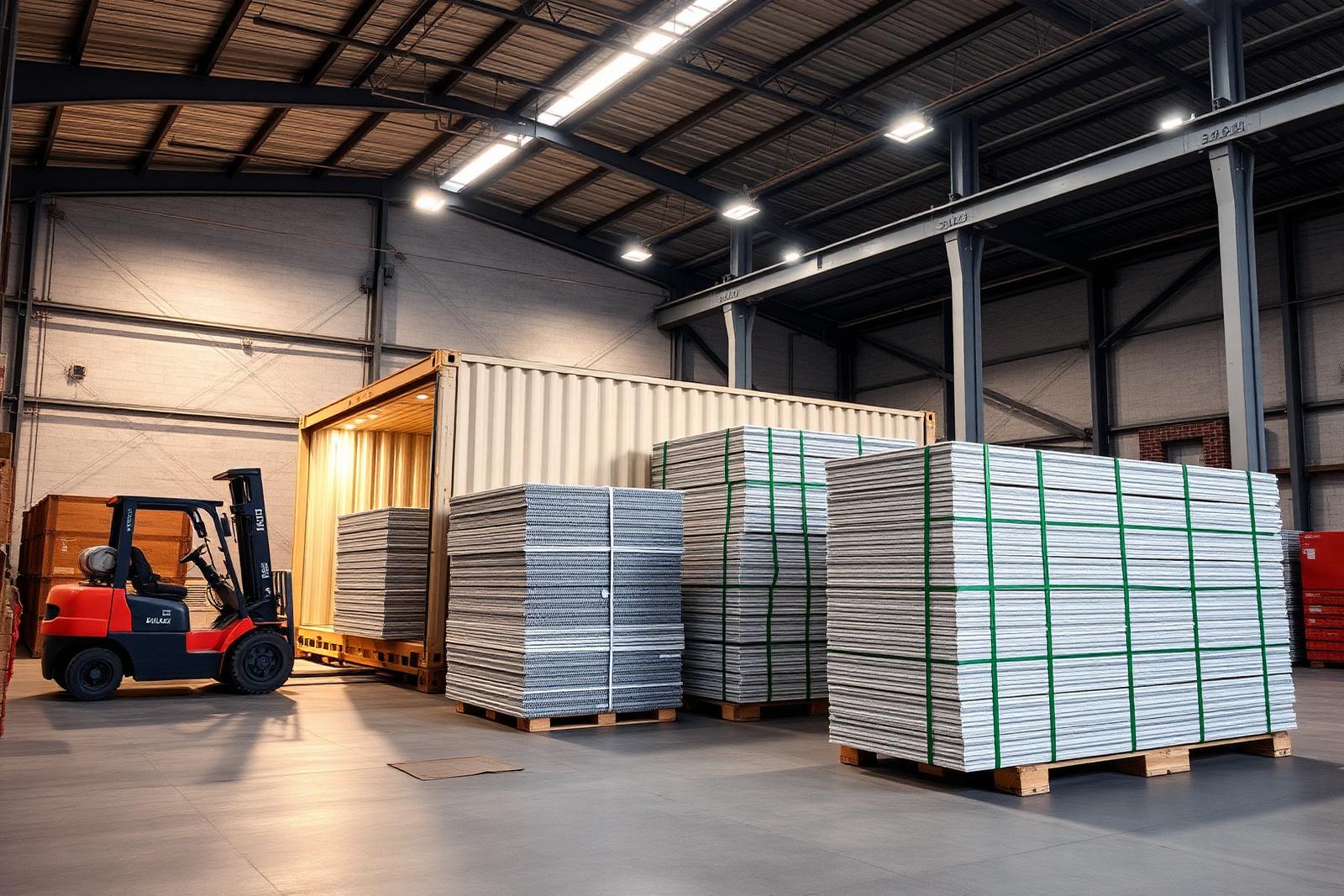 Banded pallets of composite panels being loaded into a shipping container